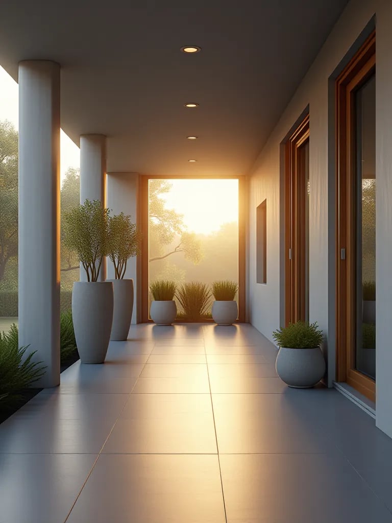 Minimalist porch with gray painted concrete and geometric planters
