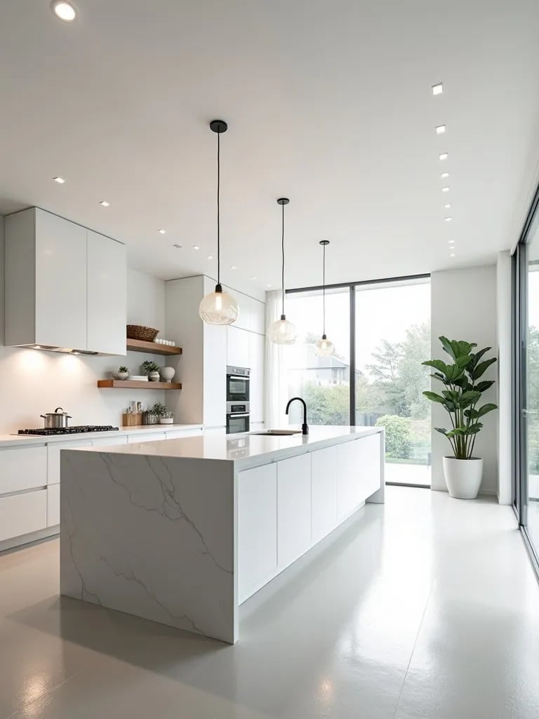 Minimalist white kitchen with large island and floor to ceiling windows