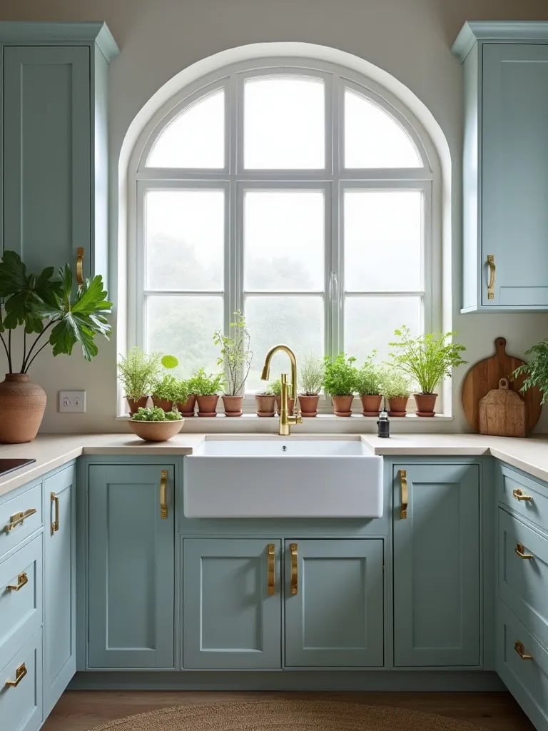 Misty morning light in Scandinavian kitchen with window sill herb garden