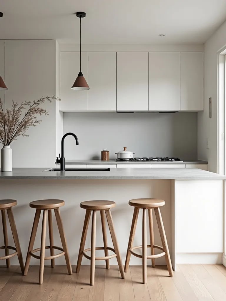 Modern Scandinavian kitchen featuring clean lines and wooden bar stools