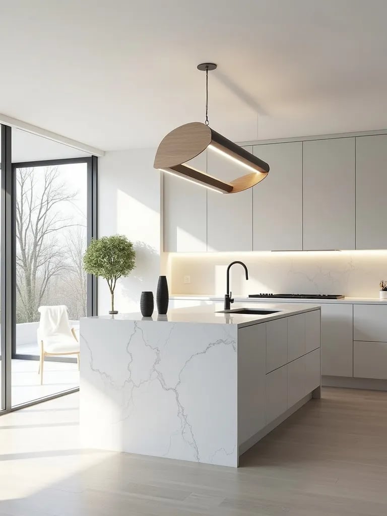 Modern Scandinavian kitchen featuring dramatic pendant light and natural light