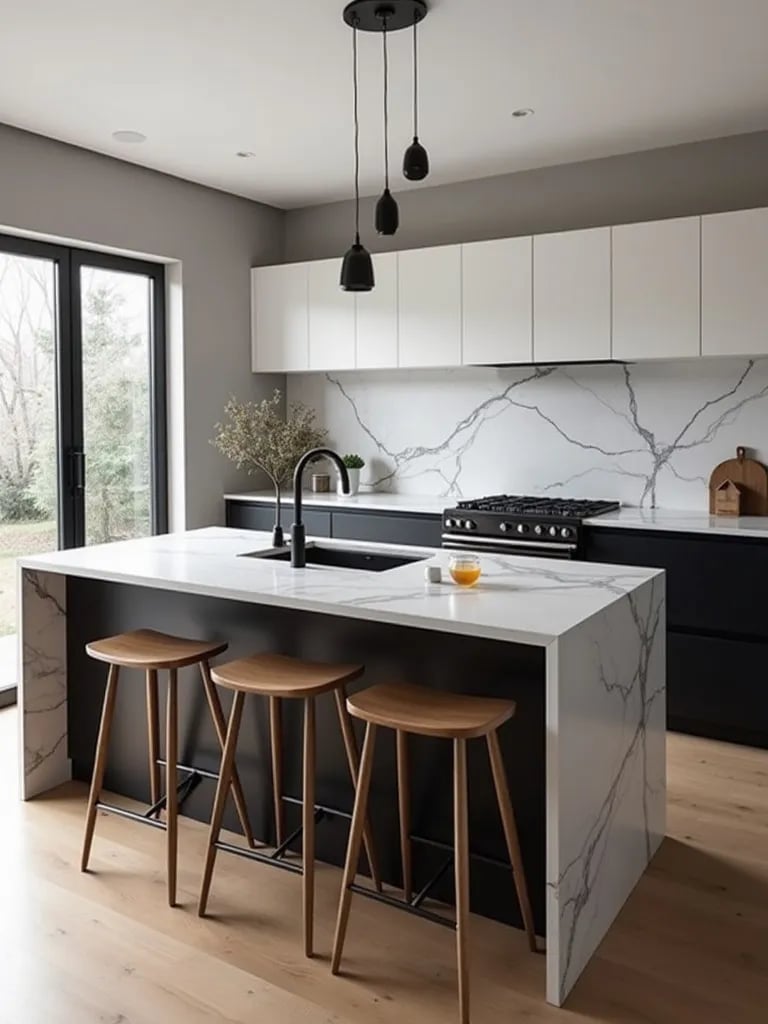 Modern Scandinavian kitchen featuring waterfall marble island and wooden stools