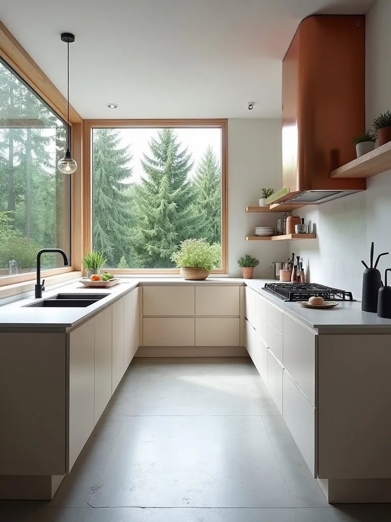 Modern Scandinavian kitchen with copper range hood and nature view