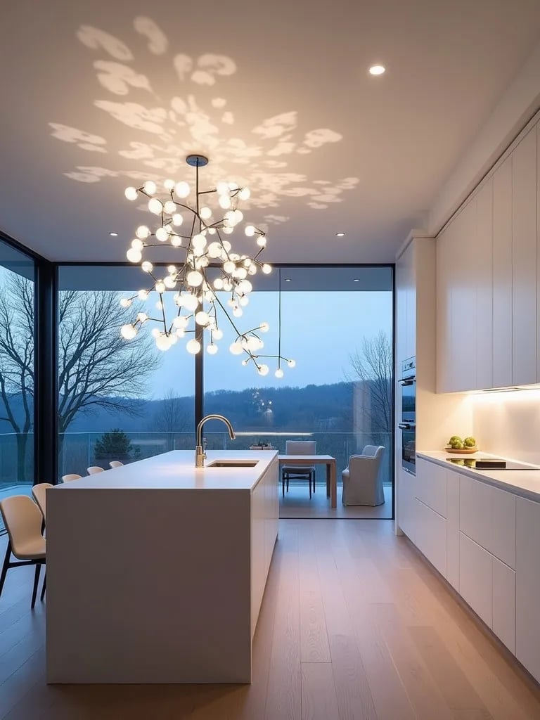 Modern Scandinavian kitchen with sculptural LED light fixture casting patterns on walls