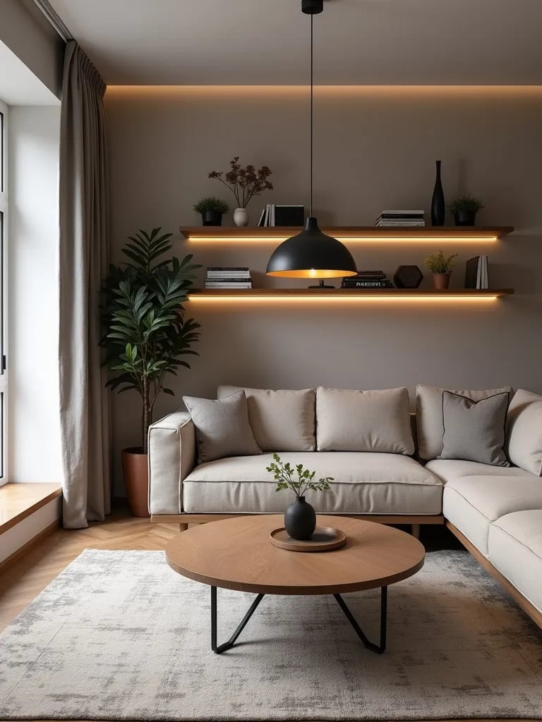 Modern Scandinavian small living room with strategic lighting