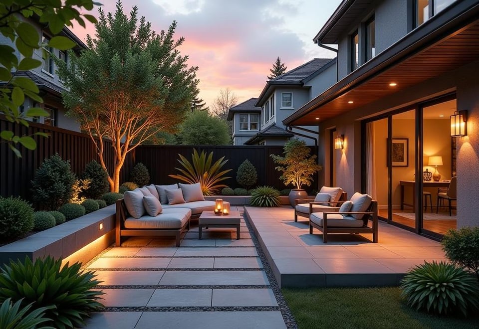 Modern backyard patio with various paving materials at sunset