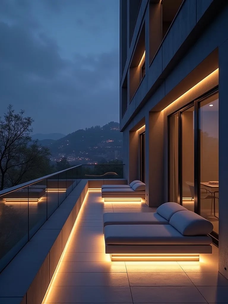 Modern balcony with LED strip lighting on railing and under benches