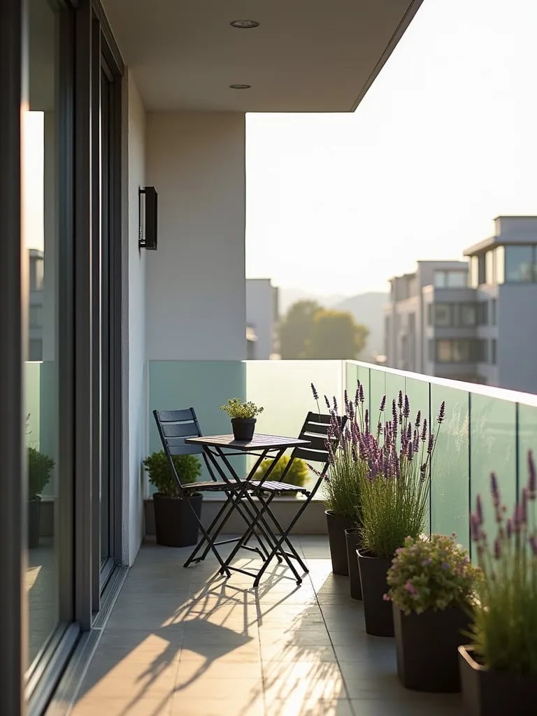 Modern balcony with frosted glass partition, lavender plants, and bistro set in morning light
