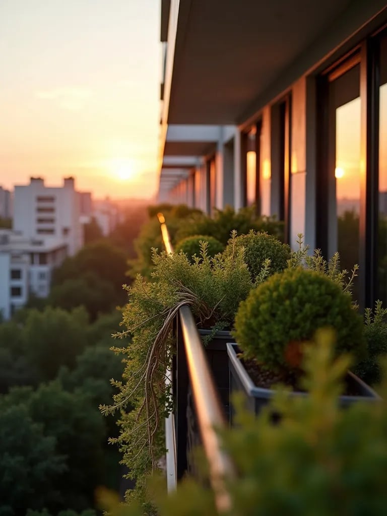Modern balcony with railing planters full of trailing plants at sunset