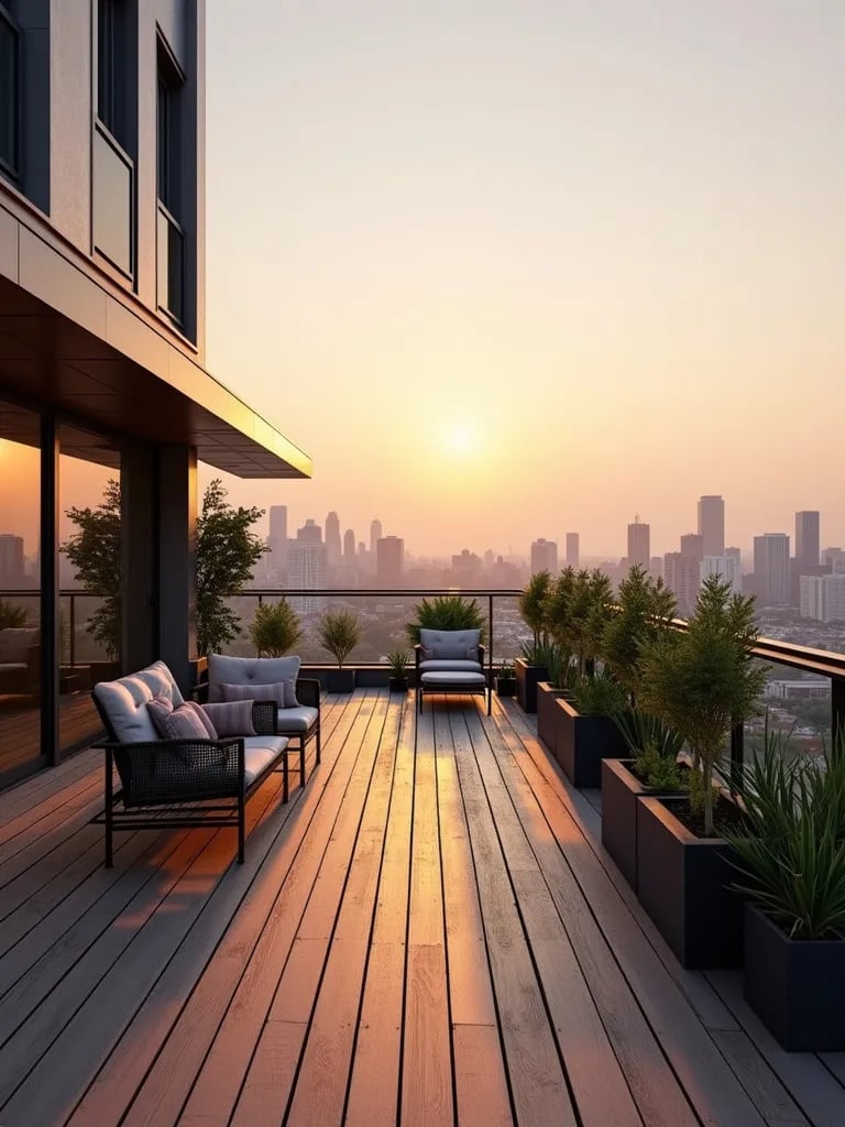 Modern balcony with wooden decking and city view at sunset