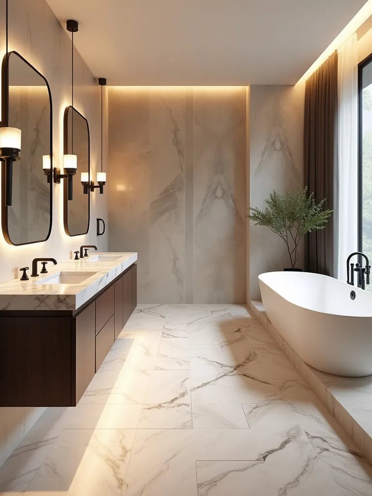 Modern bathroom featuring herringbone marble tiles and oval tub