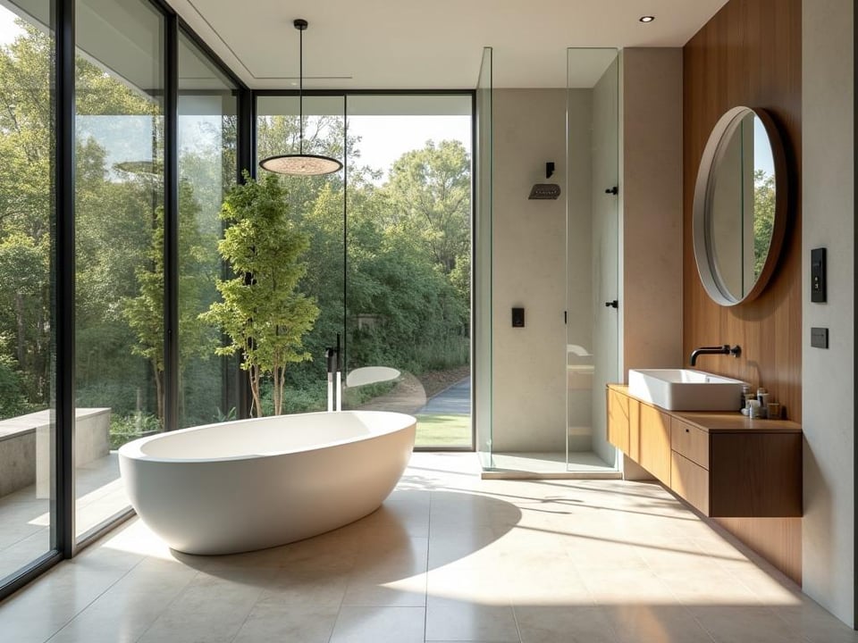 Modern bathroom featuring open layout with tub, shower, and nature view