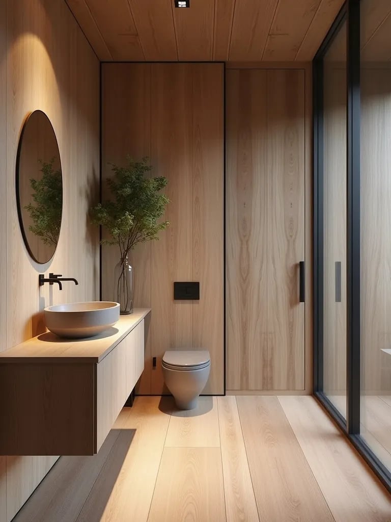 Modern bathroom featuring wood look tiles and round mirror