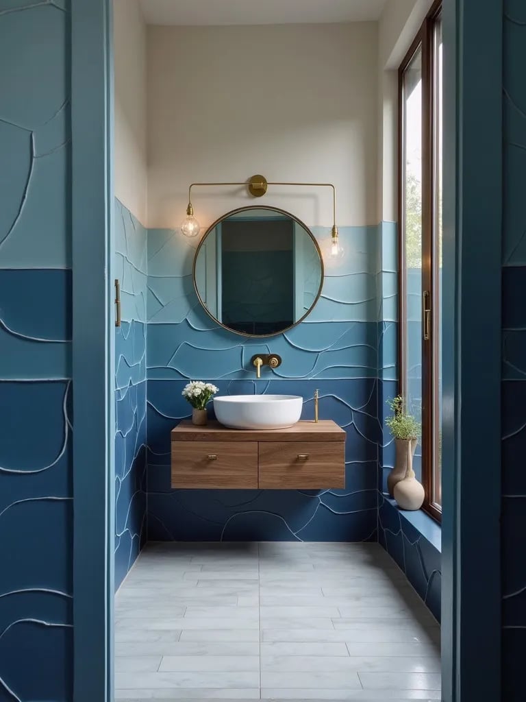 Modern bathroom with blue to white ombre tiles and wood vanity
