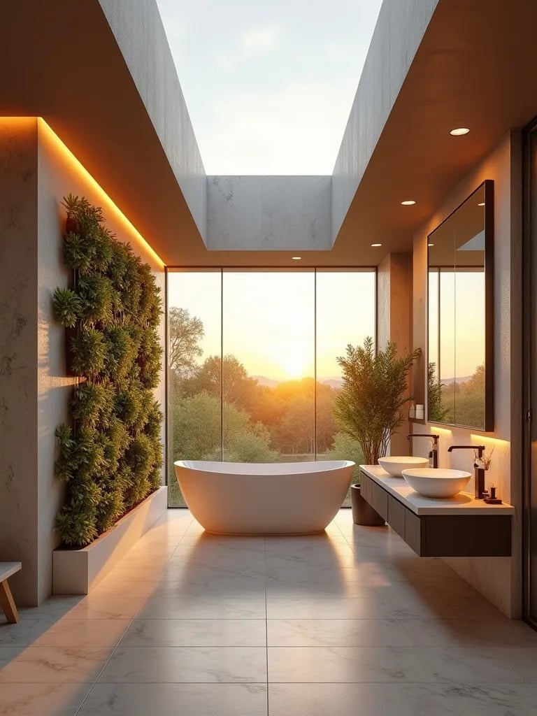 Modern bathroom with curved tub, skylight, and vertical garden wall at sunset