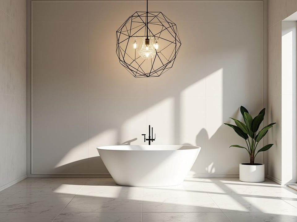 Modern bathroom with freestanding tub and geometric chandelier
