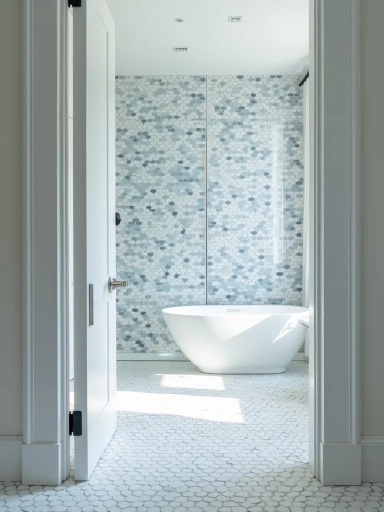 Modern bathroom with hexagonal blue and white tiled accent wall