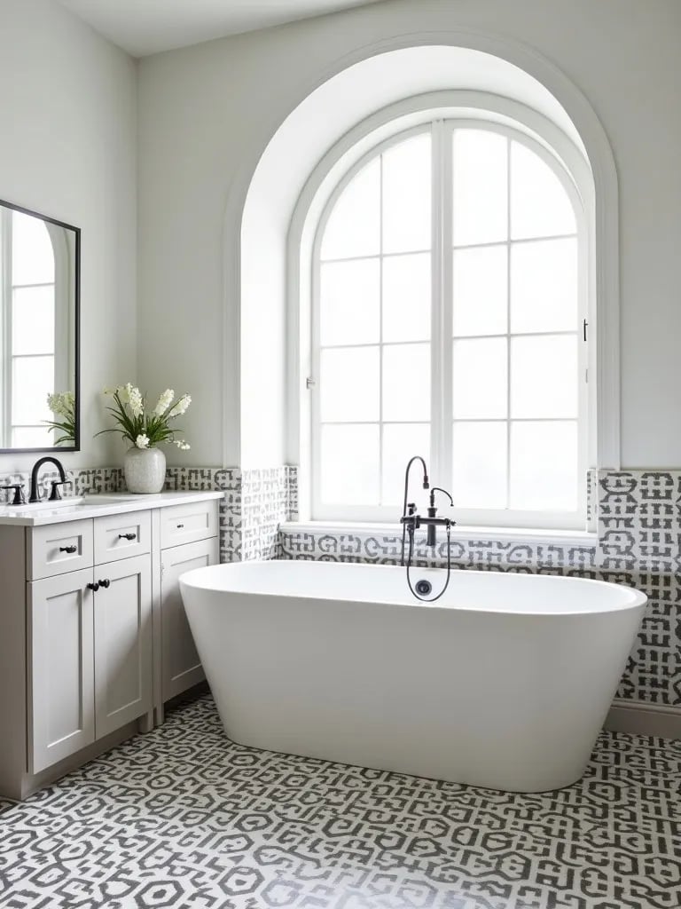 Modern bathroom with patterned floor, white tub, and arched window