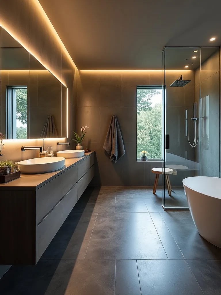 Modern bathroom with rainfall shower and ambient lighting viewed from above