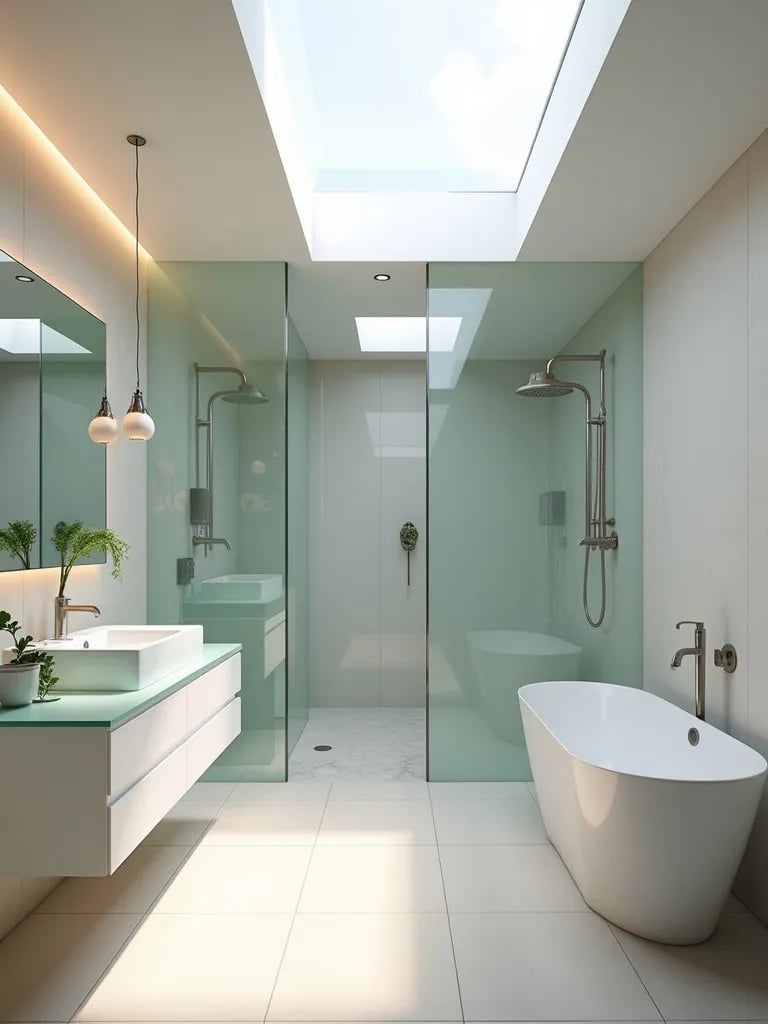 Modern bathroom with skylight and recycled glass countertops