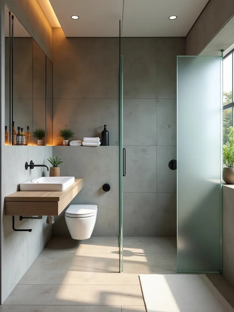 Modern bathroom with smart glass and greywater system