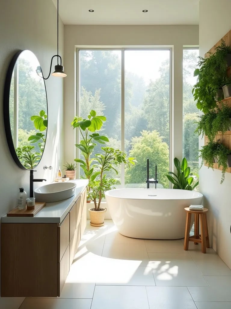 Modern bathroom with solar features and vertical herb planter