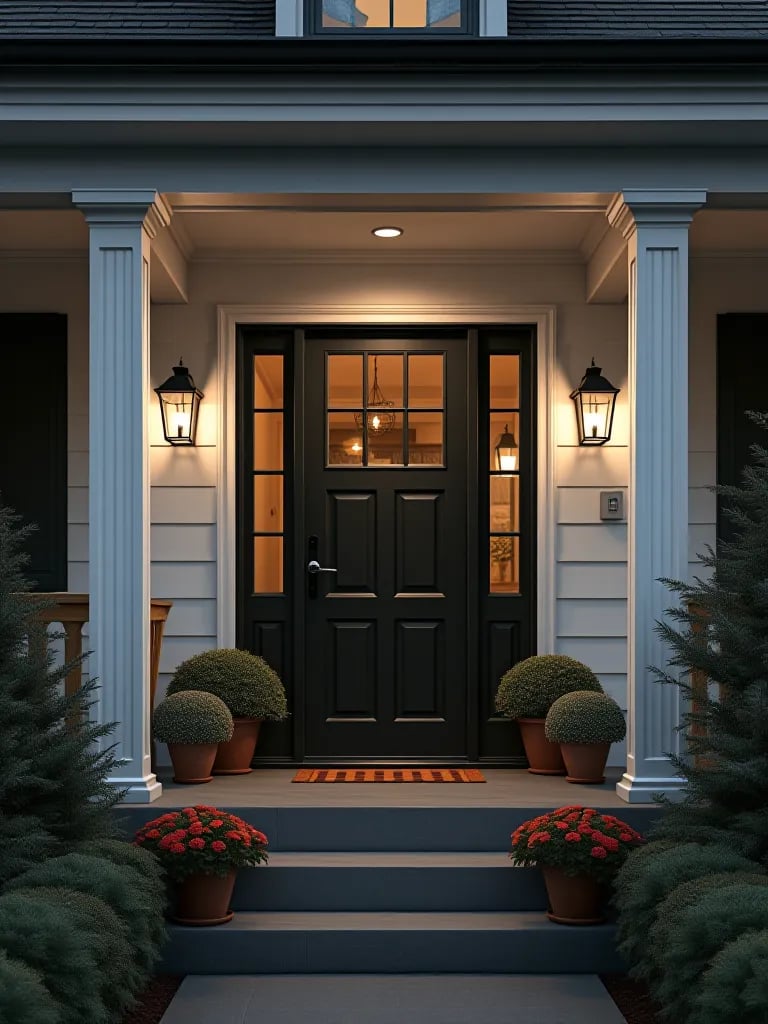 Modern black and white farmhouse porch with statement door at twilight