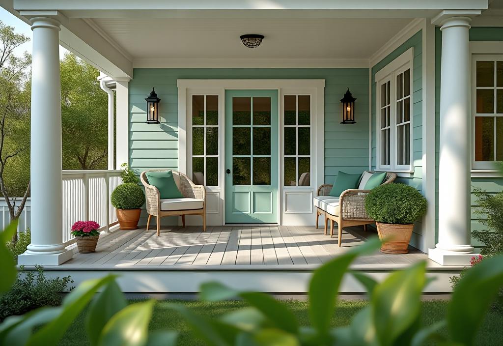 Modern coastal porch with gray deck, white trim, and green accents