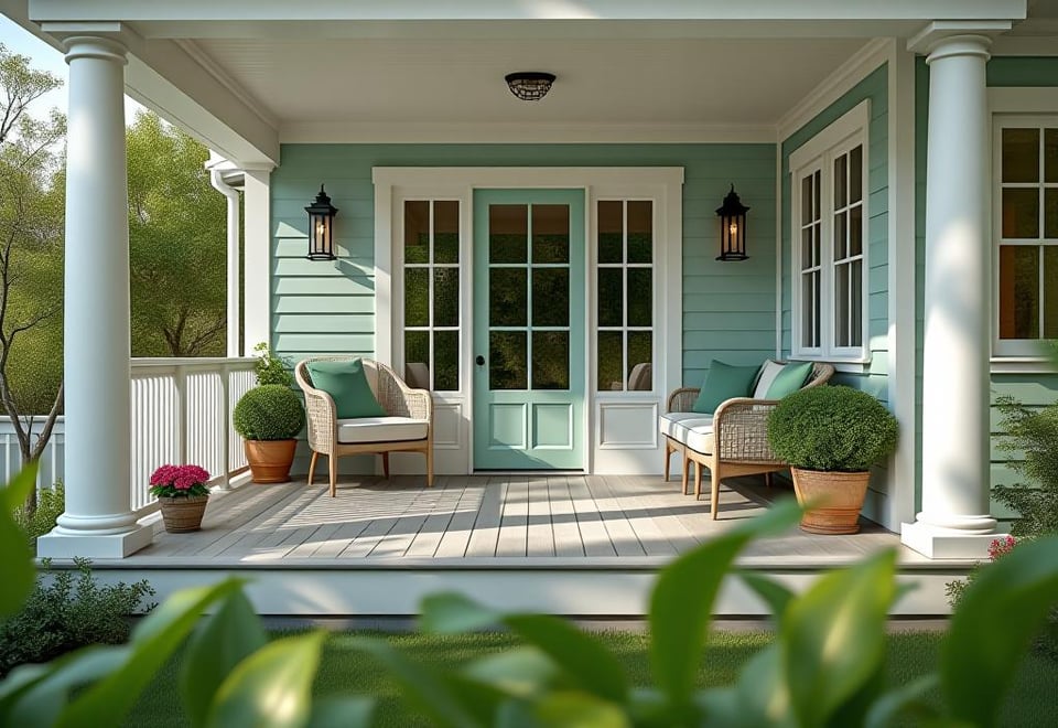 Modern coastal porch with gray deck, white trim, and green accents
