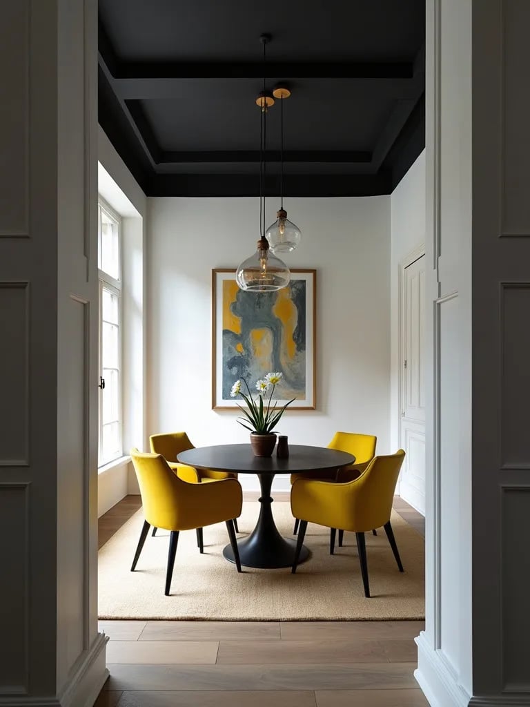 Modern dining area featuring dramatic black ceiling and yellow chairs