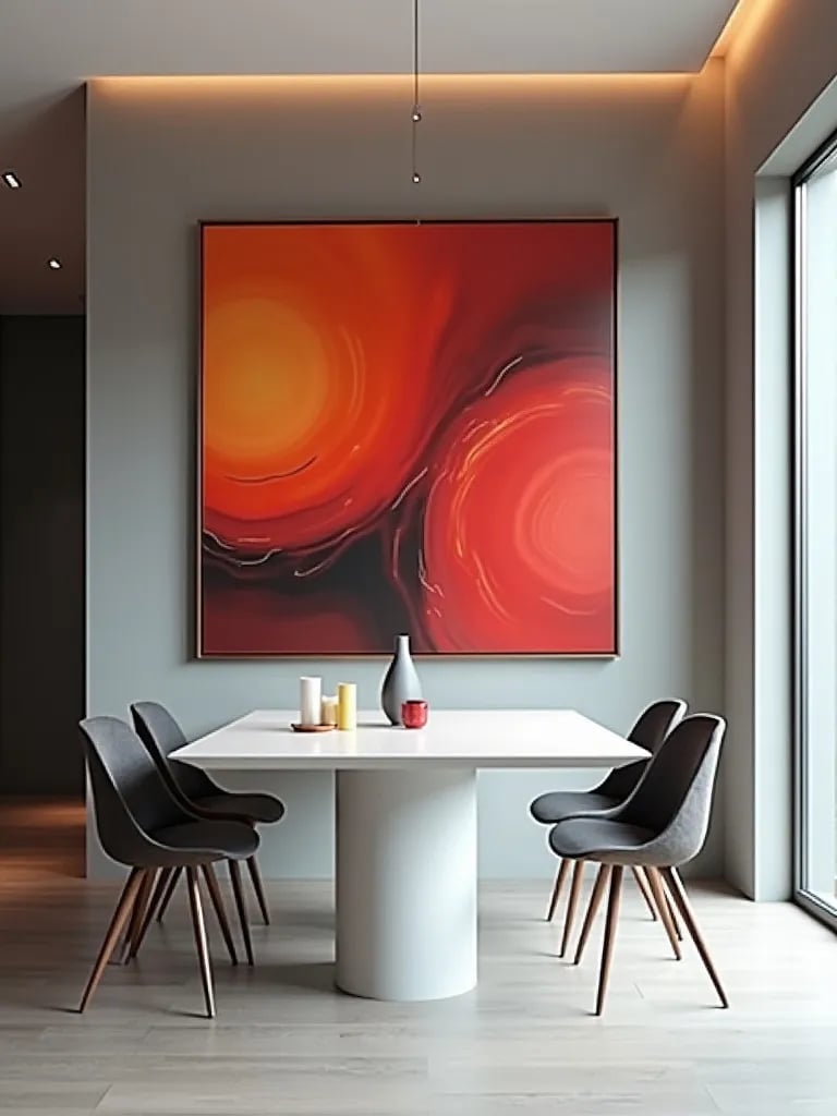 Modern dining area featuring vibrant art and minimalist furniture