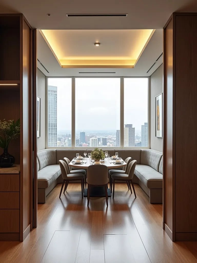 Modern dining area with banquette, mixed seating, and city view