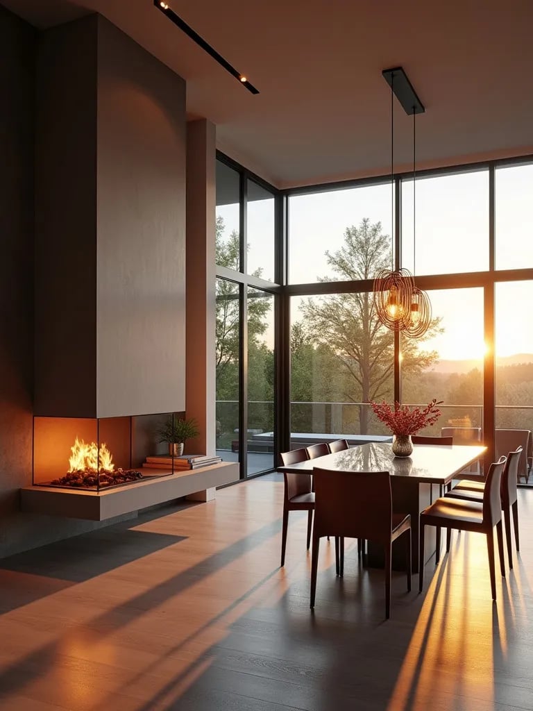 Modern dining area with fireplace, sleek furniture, and terrace view