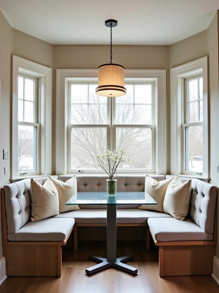 Modern dining area with glass table and upholstered bench seating