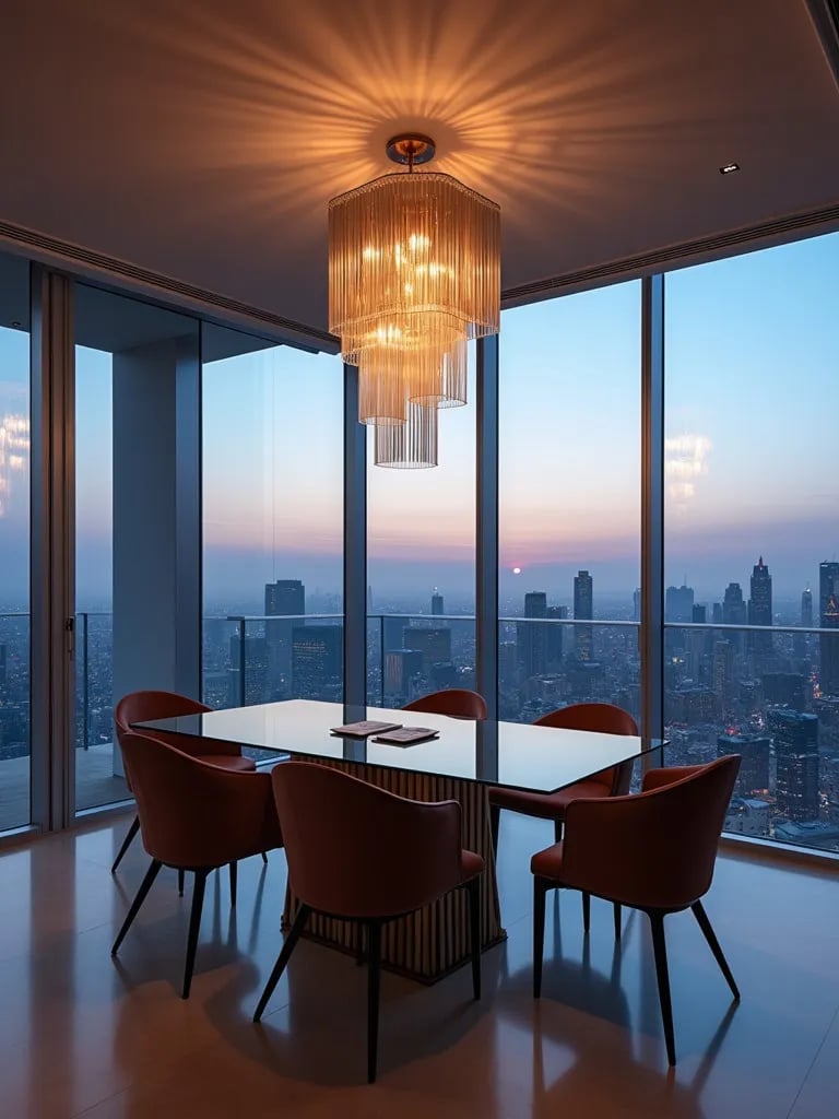 Modern dining area with glass table overlooking city skyline