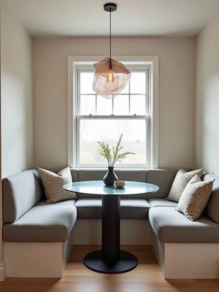 Modern dining nook with banquette seating and pendant lighting