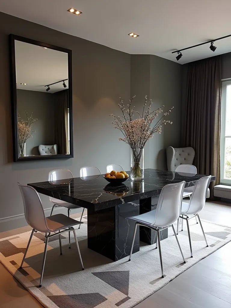 Modern dining space featuring black marble table and transparent chairs