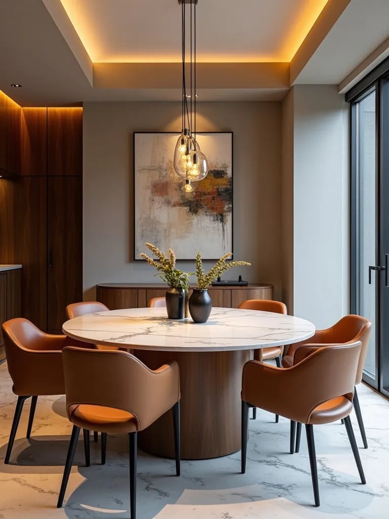 Modern dining space featuring round marble table and leather chairs