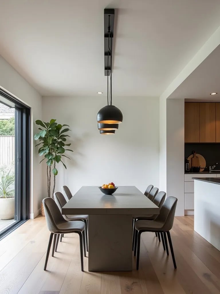 Modern dining space with adjustable linear light fixture above table