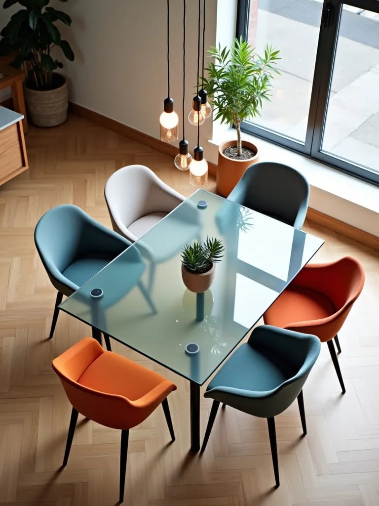 Modern dining space with glass top table and vibrant chairs