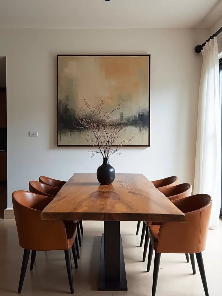 Modern dining space with wooden table, leather chairs, and large artwork
