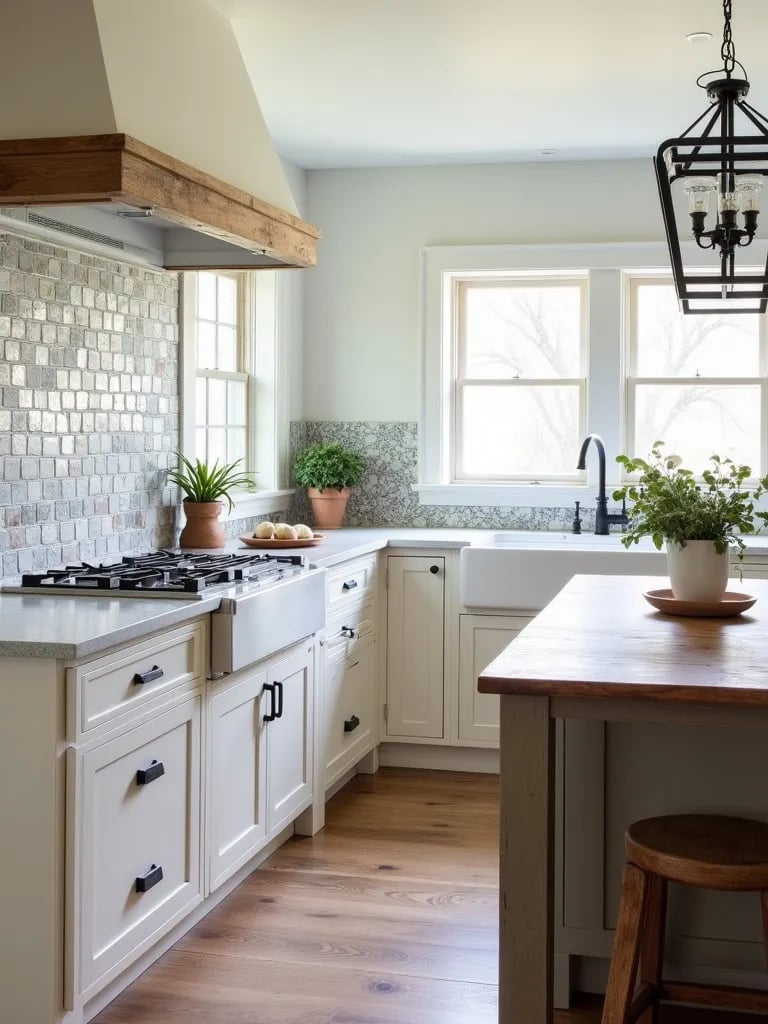 Modern farmhouse kitchen with shaker cabinets and rustic wood island