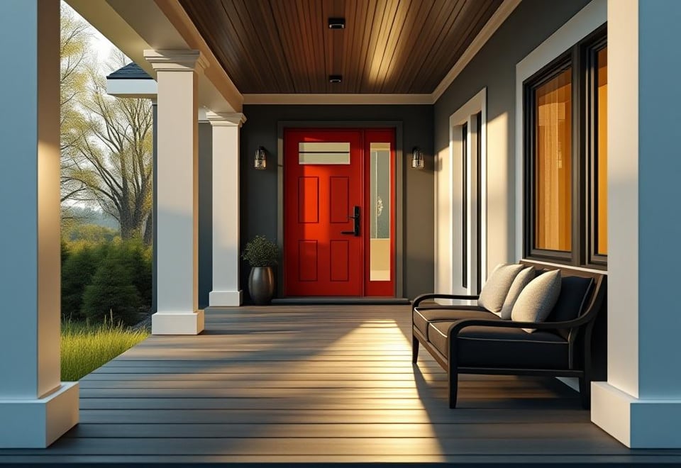 Modern farmhouse porch with gray deck, white columns, and red door in morning light