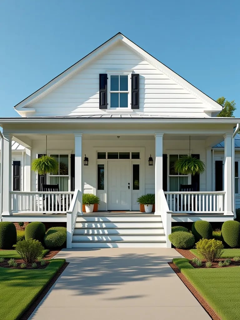 Modern farmhouse with white porch and black rocking chairs