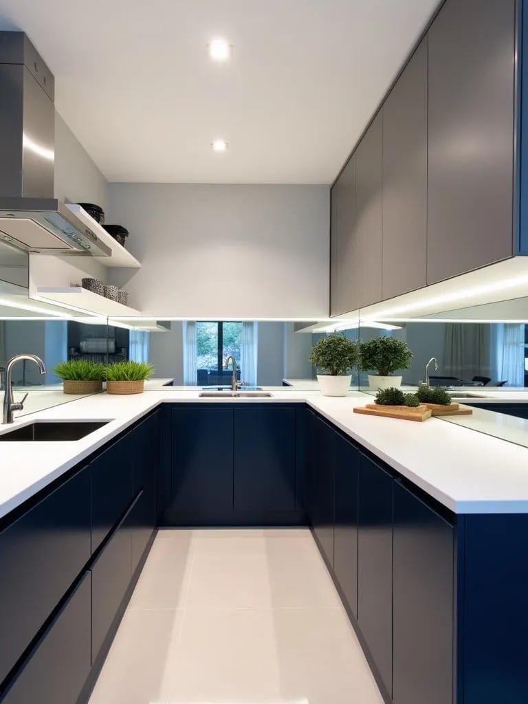 Modern galley kitchen featuring mirrored backsplash and linear design