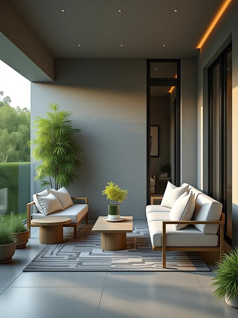 Modern gray back porch with minimalist furniture and bamboo plants