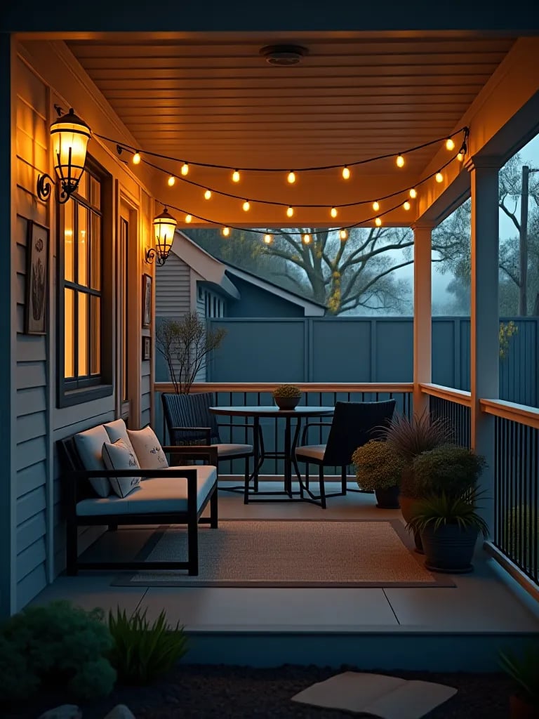 Modern gray porch with black furniture and string lights at dusk