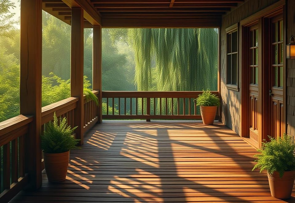 Modern gray porch with glass railing and wet paint effect under overcast sky