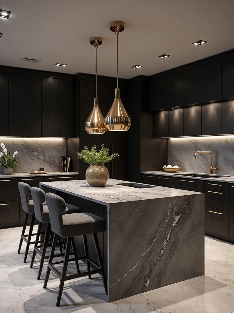 Modern kitchen featuring charcoal cabinetry, marble surfaces, and gold accents