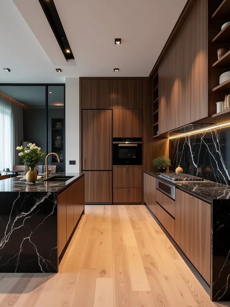 Modern kitchen featuring gold toned fixtures and glass partition